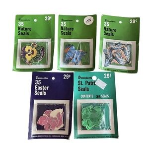 5 PKGS Vintage Dennison Seals Rabbits Butterfly Flowers St Patrick Easter Nature